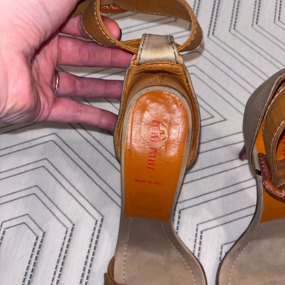 Miu Miu | Peep-Toe Orange/Tan Heeled Sandals | Size 38 (US 7.5) | 3.75” - Picture 3 of 8